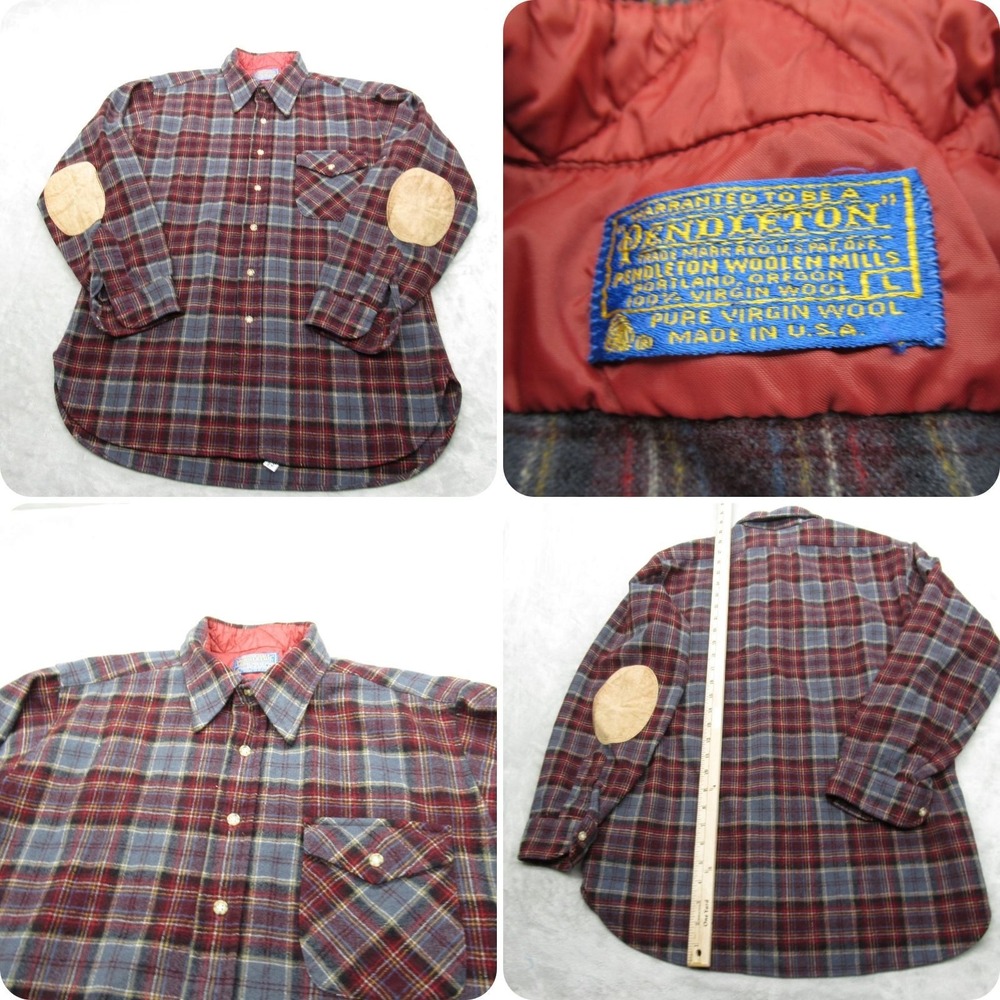 Vintage Pendleton Wool Shirt Mens Large‎ Red Plaid Elbow Patch RARE USA Made 70s